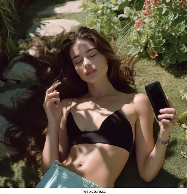 Brunette Woman in Bikini Top and Blue Jeans Lying on Grass with Phone