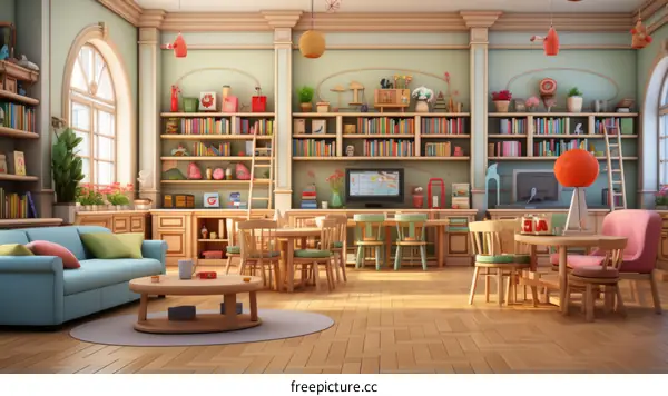 Cozy interior of a home library with bookshelves, toys, and a computer