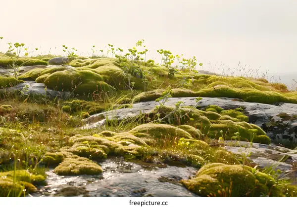Green Moss Covered Rocks in the Sun