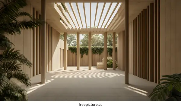 Modern Minimalist Architecture Courtyard Design With Wooden Beams And Palm Trees