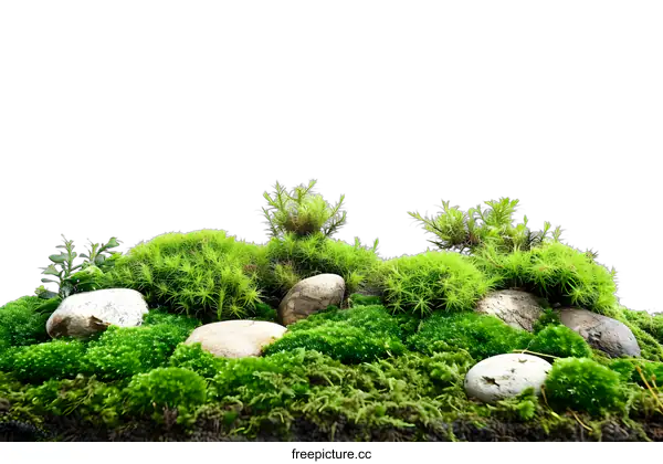 [Transparent Background PNG]Green Moss and Stones Isolated on White Background