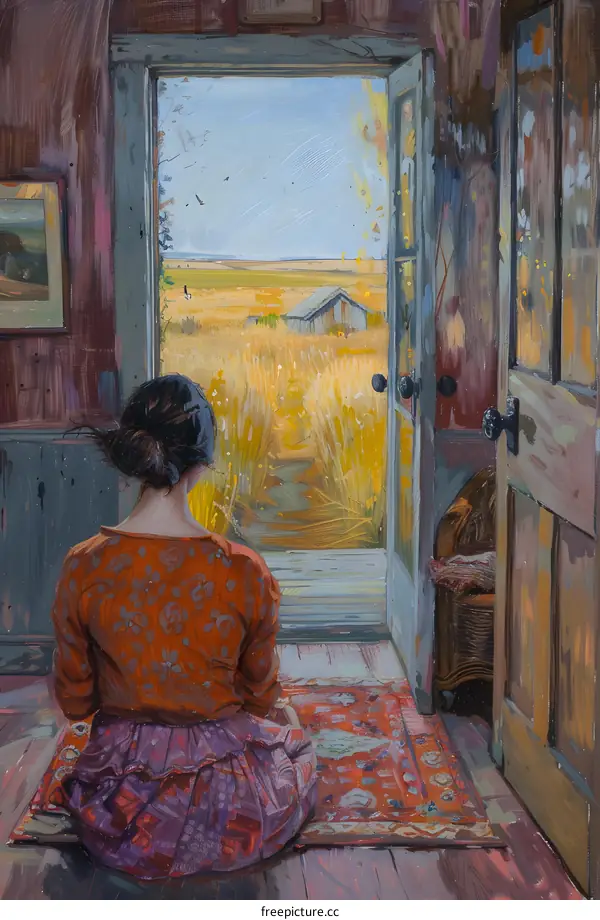 Woman Sitting in a Room Looking Out a Doorway to a Field