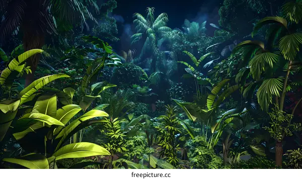 Tropical Rainforest Night Scenery with Lush Greenery