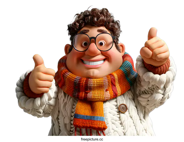 [Transparent Background PNG]Cartoon man in a sweater and scarf giving a thumbs up