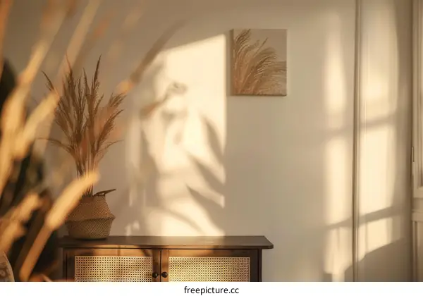 Sunlight and shadows on a wall with a painting