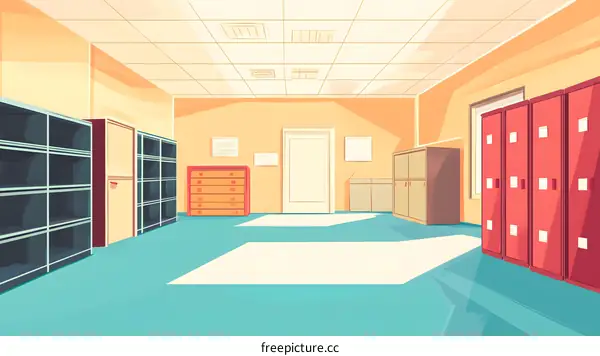 Empty Room with Red Lockers and Shelving Units
