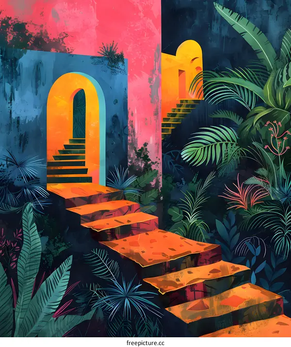 Tropical Garden with Stairway and Arched Doorway