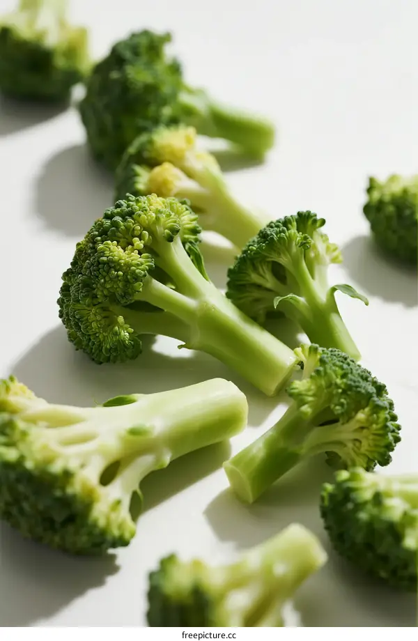 Fresh Green Broccoli Florets Arranged on White Background