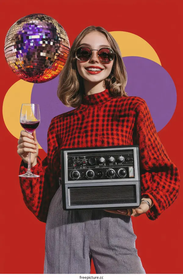 Retro Party Style Woman Holding a Vintage Radio