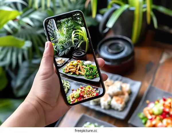 Hand Holding Smartphone Taking Photo Of Delicious Food