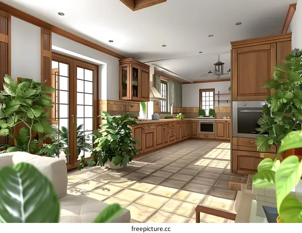 Modern Kitchen Design with Wooden Cabinets and Plants