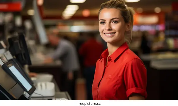 Portrait of a young female supermarket cashier