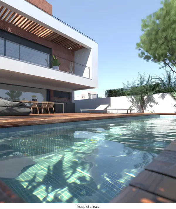 Modern House With Swimming Pool And Wooden Deck