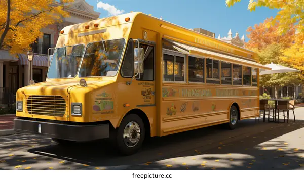 Yellow Food Truck Parked on City Street with Autumn Leaves