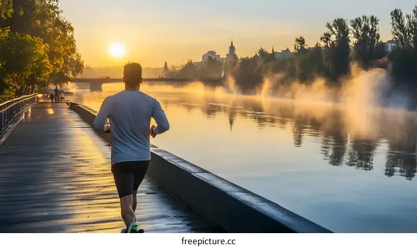 Man Running Along River at Sunrise with Fog