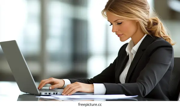 Business Woman Working on Laptop in Office