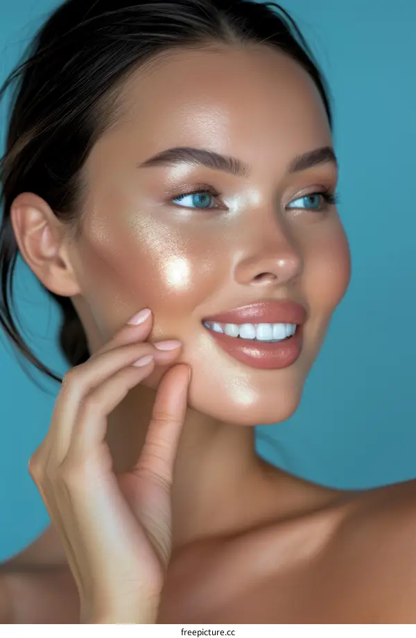 Close up portrait of a beautiful young woman with shiny makeup and perfect skin