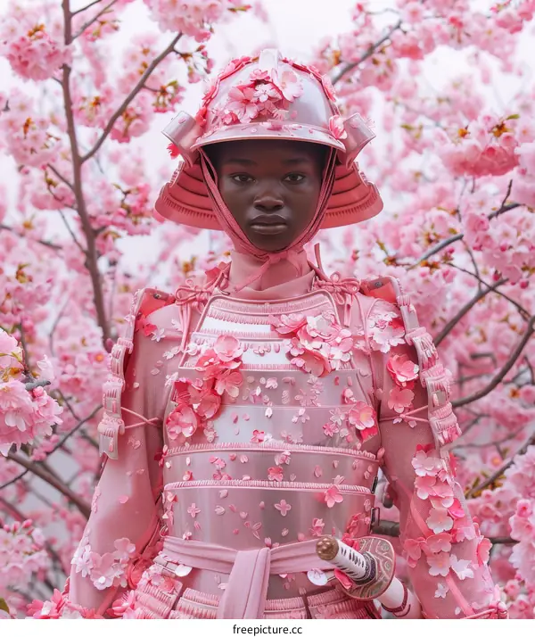 Black female samurai in pink cherry blossom samurai armor