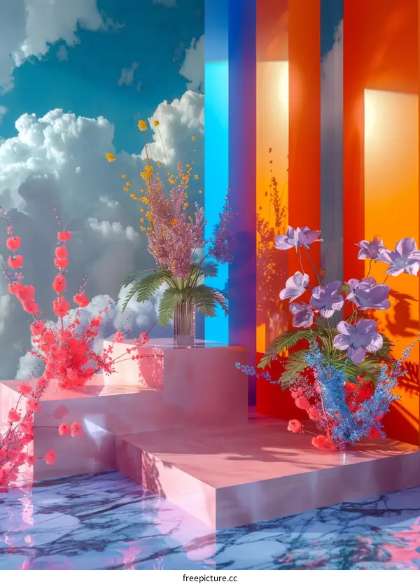 Abstract Flowers on Pink Platforms With Colorful Backdrop