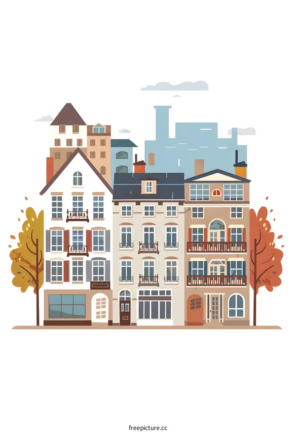 European Cityscape Illustration with Buildings and Trees