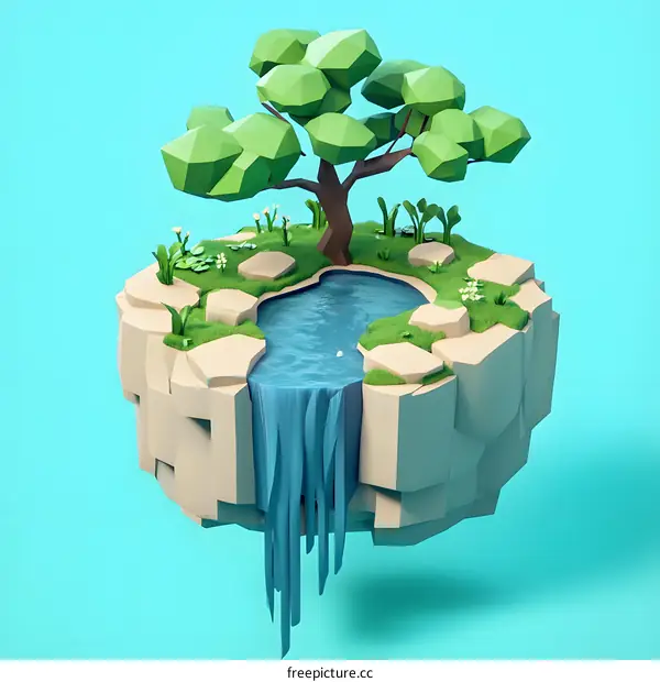 Low Poly Floating Island with Waterfall and Tree