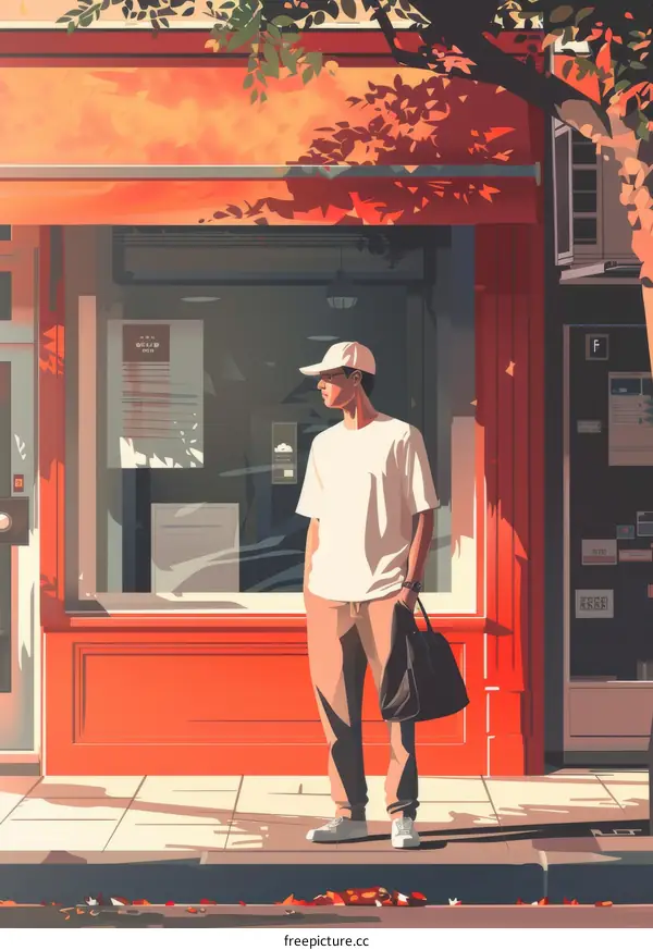 An illustration of a man standing in front of a shop