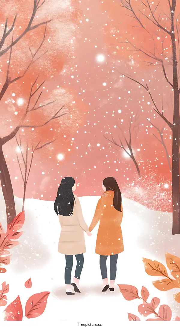 Two Girls Walking in the Snow During Winter
