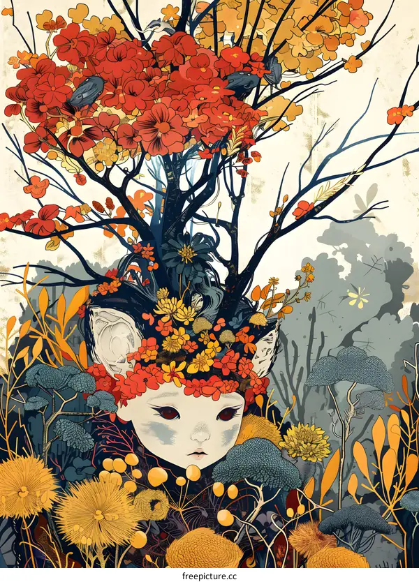 Fantasy Girl With Flowers and Trees Illustration