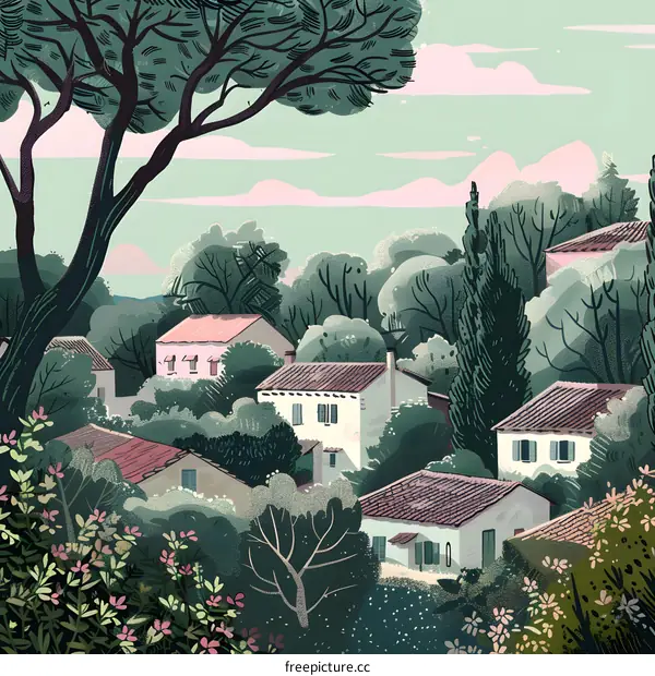 Charming Village Landscape with Lush Greenery and Houses