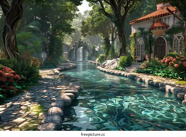 Fantasy Garden with River and Bridge