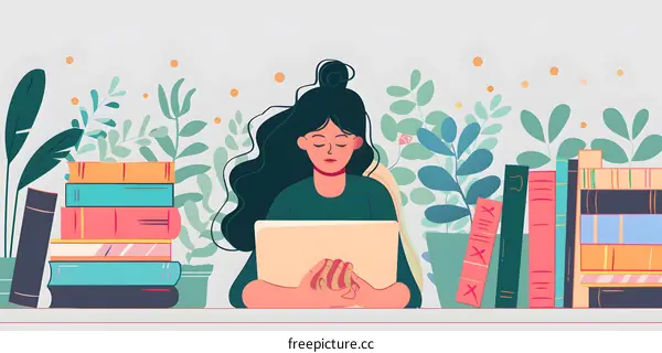 Woman Reading Book With Plants Illustration