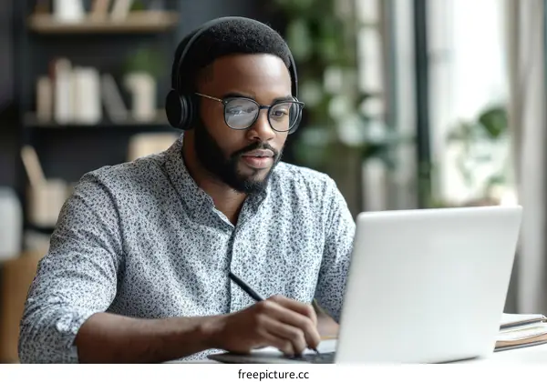 Focused African Man Working on Laptop