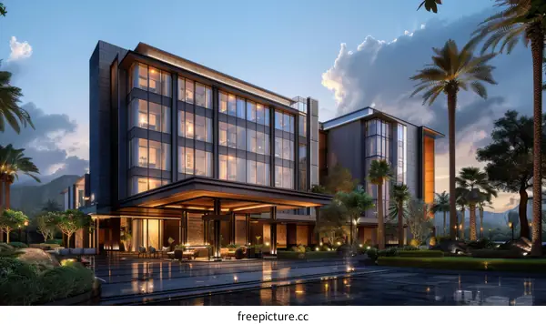 Modern Hotel Facade at Dusk