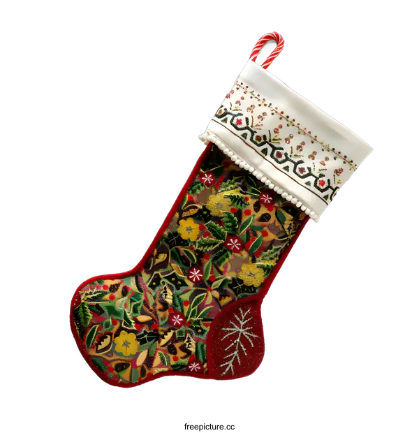 [Transparent Background PNG]Embroidered Christmas Stocking with Floral Pattern and Candy Cane