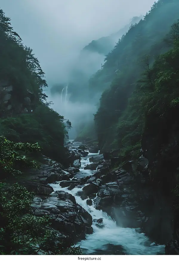 Misty Waterfall in a Forest Canyon