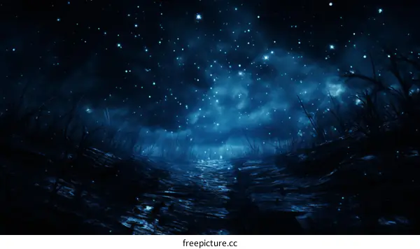 Fantasy landscape with a starry night sky and a dark forest