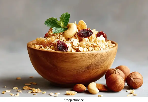 Wooden Bowl of Healthy Granola with Dried Fruits and Nuts