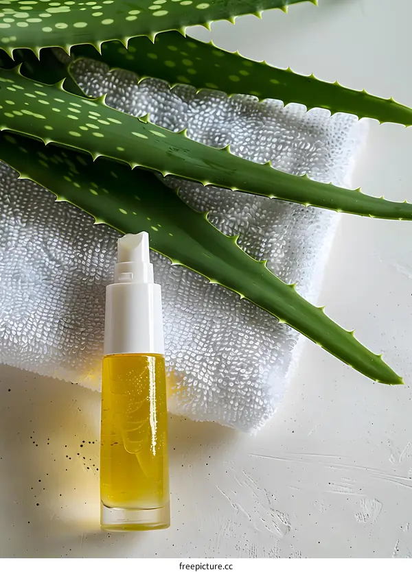 Aloe Vera Plant with Serum Bottle and Towel