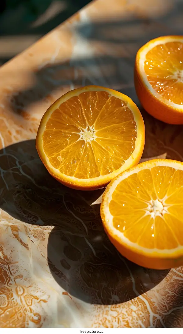 Closeup of Three Orange Halves on a Table