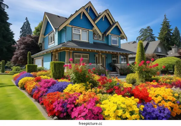 Colorful flowers in front of a blue house