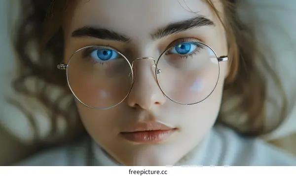 portrait of a young woman with blue eyes wearing glasses