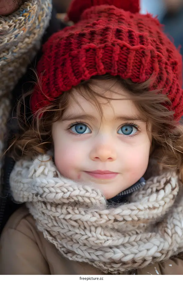 Portrait of a Little Girl Wearing a Red Knit Hat and a White Scarf