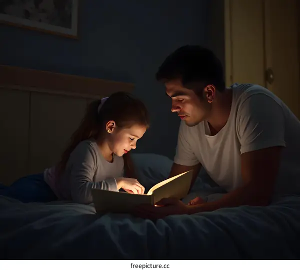 Father Reading a Book to His Daughter in Bed at Night