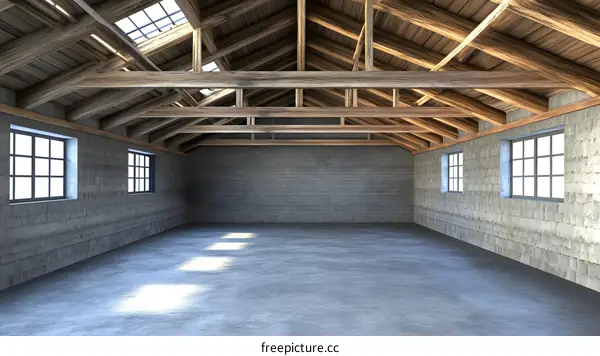 Empty Room with Wooden Beams and Skylights