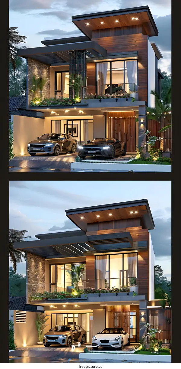 Modern Two Story House with Garage and Garden