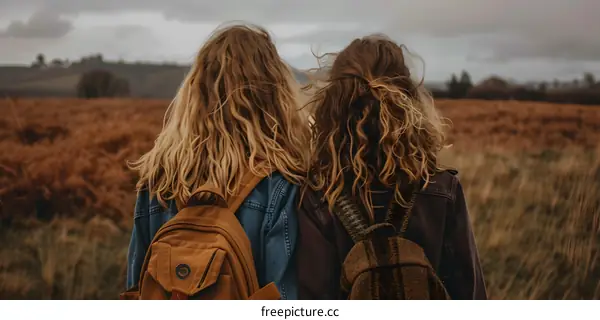 Two Young Women with Backpacks in a Field