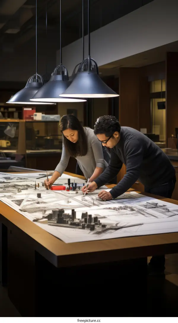 Two architects working on a city model