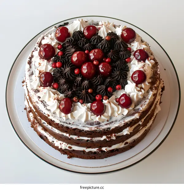 Black forest cake decorated with cherries and cream