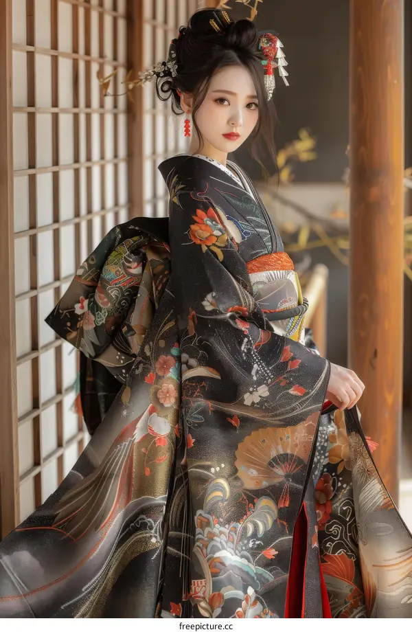 Japanese Woman Wearing Traditional Kimono with Floral Design