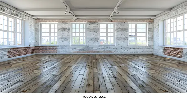 Empty Loft Apartment Interior Design With Brick Wall And Large Windows